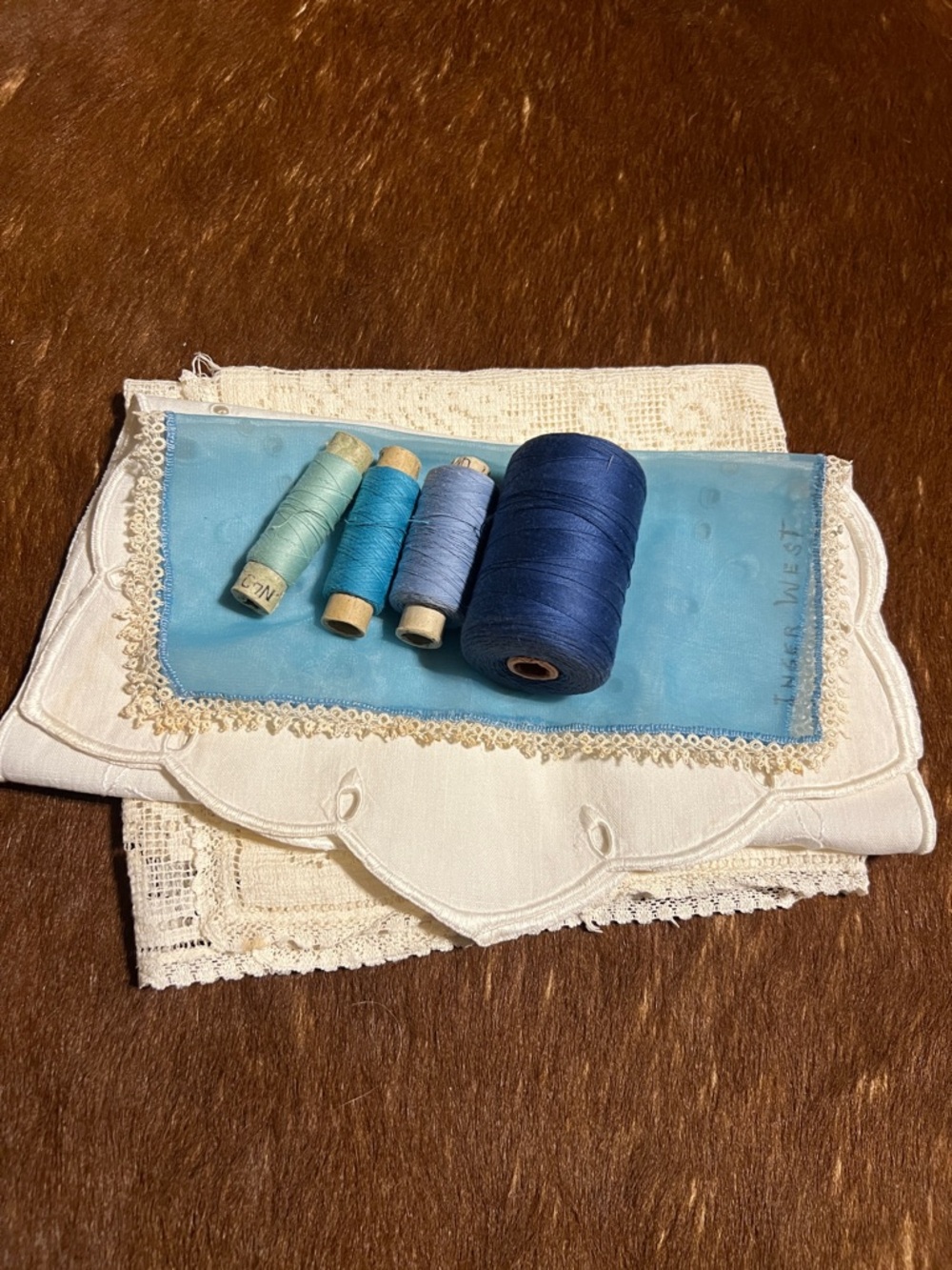 White Lace Table Runner and Embroidered Doily Set with Blue Sewing Accents